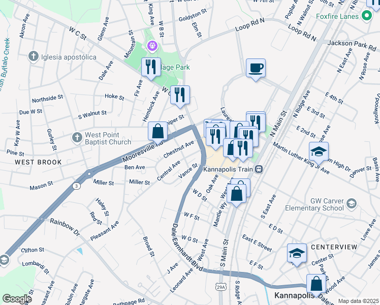 map of restaurants, bars, coffee shops, grocery stores, and more near 308 Central Avenue in Kannapolis
