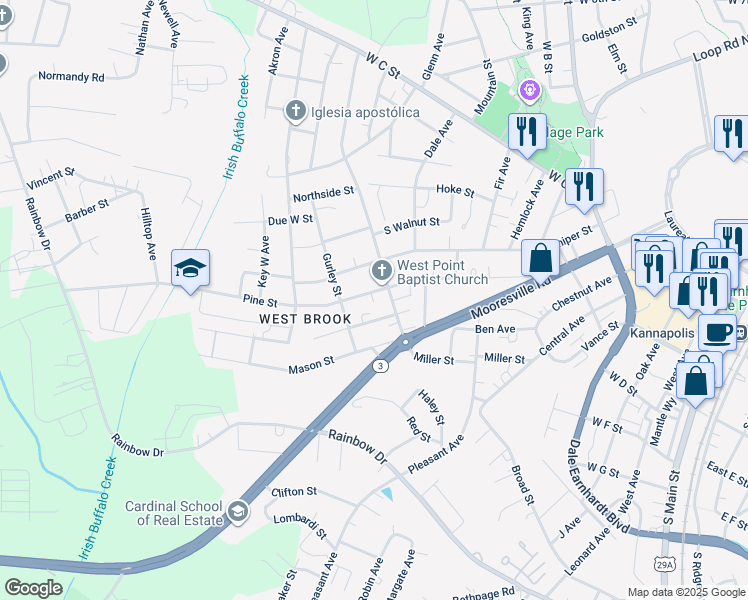 map of restaurants, bars, coffee shops, grocery stores, and more near 1103 Pine Street in Kannapolis