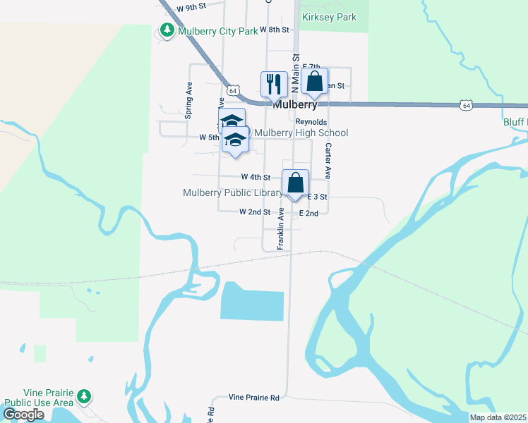 map of restaurants, bars, coffee shops, grocery stores, and more near 215 Franklin Avenue in Mulberry