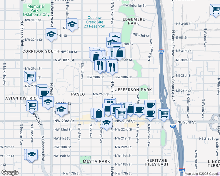 map of restaurants, bars, coffee shops, grocery stores, and more near 2801 North Walker Avenue in Oklahoma City