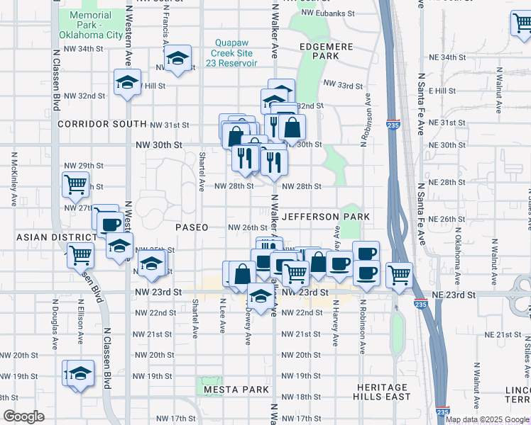 map of restaurants, bars, coffee shops, grocery stores, and more near 2801 North Walker Avenue in Oklahoma City