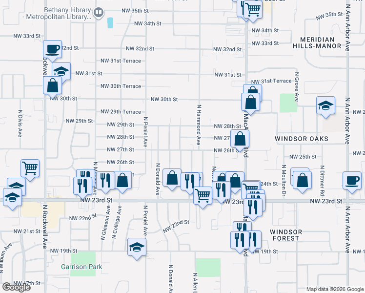 map of restaurants, bars, coffee shops, grocery stores, and more near 2708 North Wheeler Avenue in Oklahoma City
