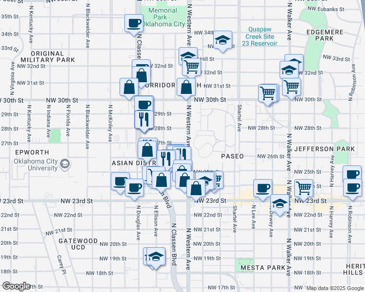 map of restaurants, bars, coffee shops, grocery stores, and more near 1110 Northwest 27th Street in Oklahoma City