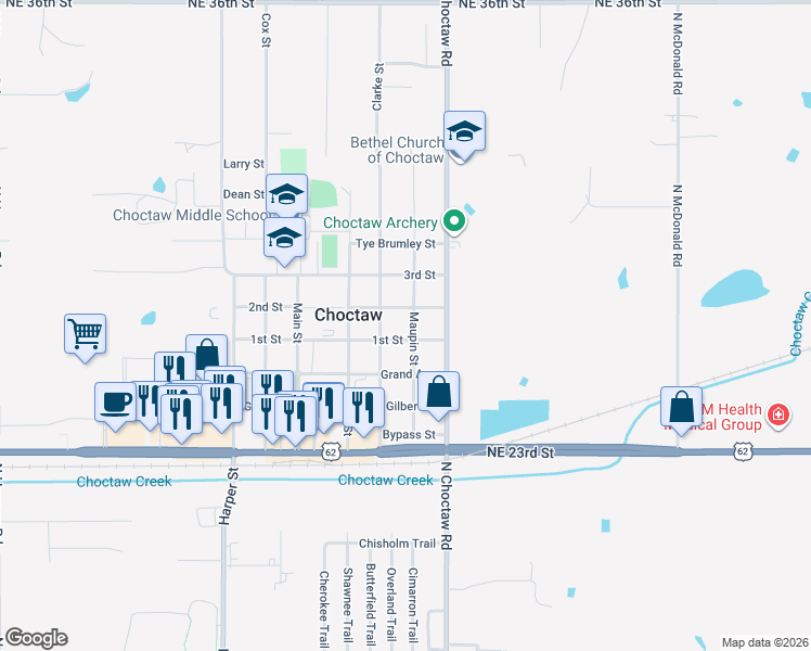 map of restaurants, bars, coffee shops, grocery stores, and more near 14970 2nd Street in Choctaw