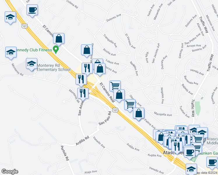 map of restaurants, bars, coffee shops, grocery stores, and more near 4615 El Camino Real in Atascadero