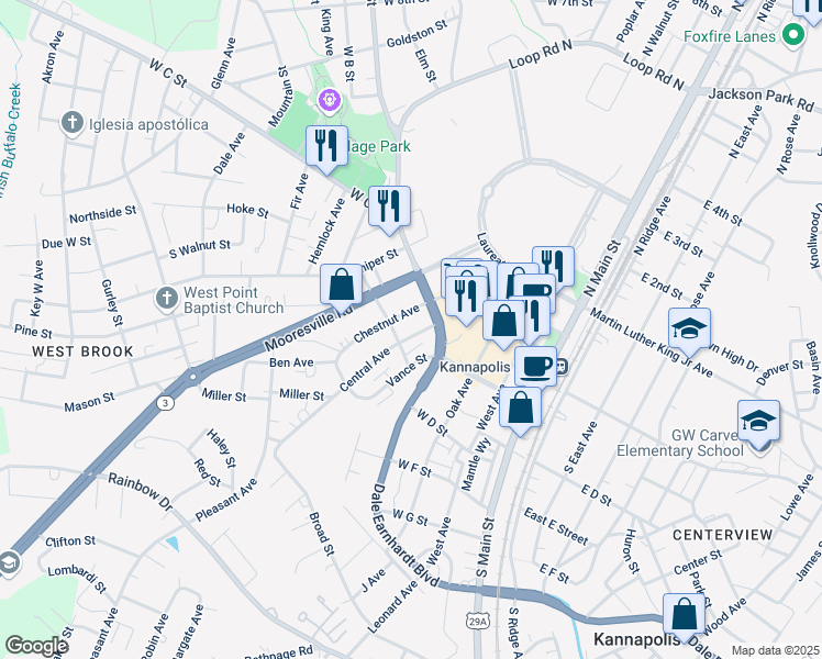 map of restaurants, bars, coffee shops, grocery stores, and more near 308 Central Avenue in Kannapolis