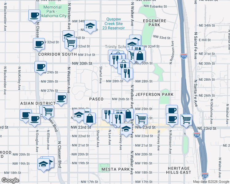 map of restaurants, bars, coffee shops, grocery stores, and more near 627 Northwest 27th Street in Oklahoma City