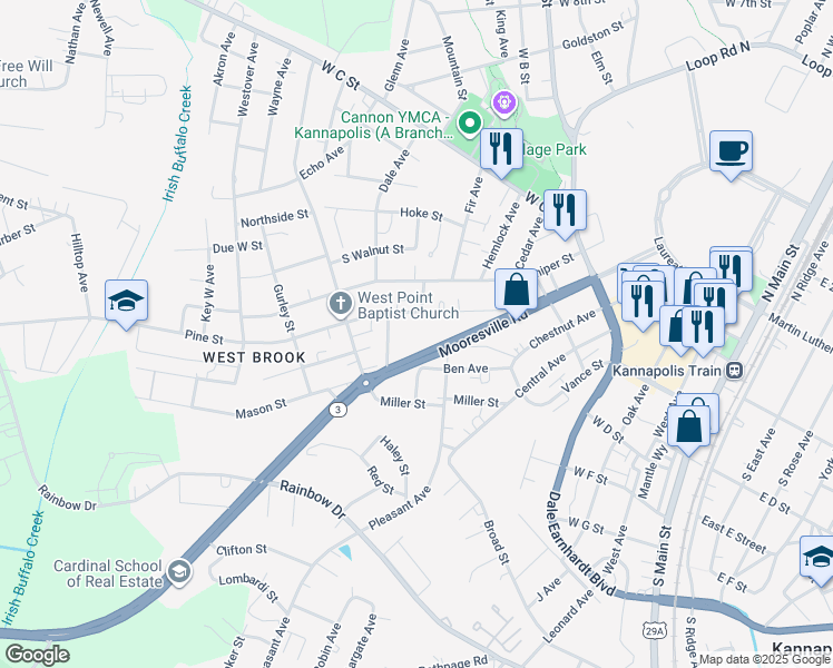 map of restaurants, bars, coffee shops, grocery stores, and more near 735 Pine Street in Kannapolis