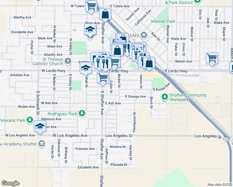 map of restaurants, bars, coffee shops, grocery stores, and more near 282 Fuller Street in Shafter