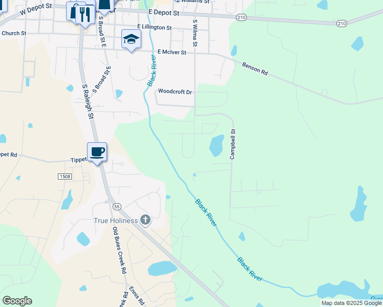map of restaurants, bars, coffee shops, grocery stores, and more near 658 South Wilma Street in Angier