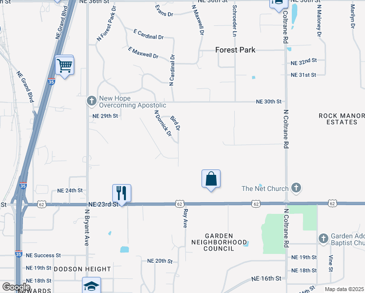 map of restaurants, bars, coffee shops, grocery stores, and more near 2700 Bird Drive in Forest Park
