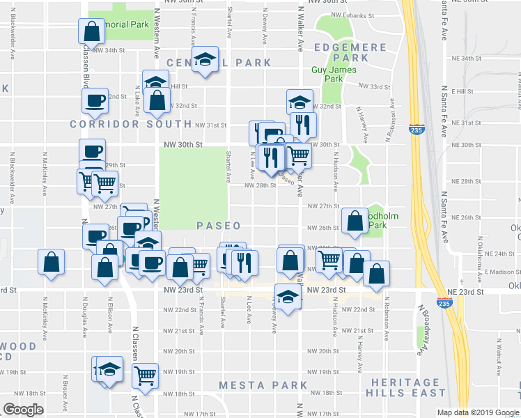 map of restaurants, bars, coffee shops, grocery stores, and more near 627 Northwest 27th Street in Oklahoma City