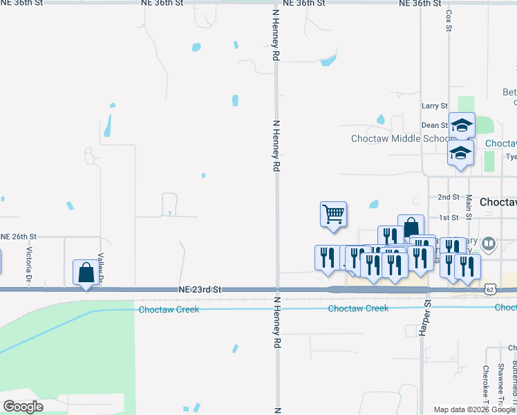 map of restaurants, bars, coffee shops, grocery stores, and more near 2813 N Henney Rd in Choctaw