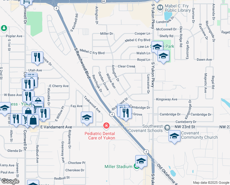map of restaurants, bars, coffee shops, grocery stores, and more near 816 Willow Run in Yukon