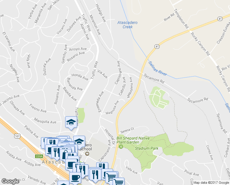 map of restaurants, bars, coffee shops, grocery stores, and more near 5325 Capistrano Avenue in Atascadero
