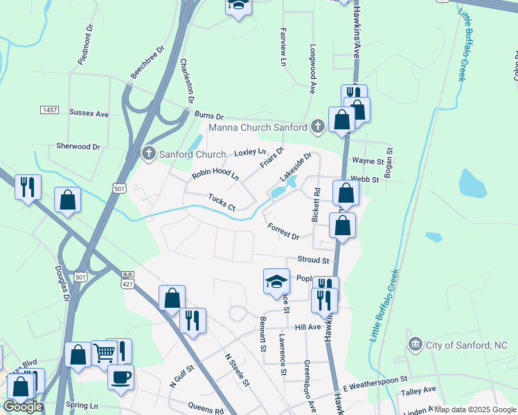 map of restaurants, bars, coffee shops, grocery stores, and more near 501 Tucks Court in Sanford