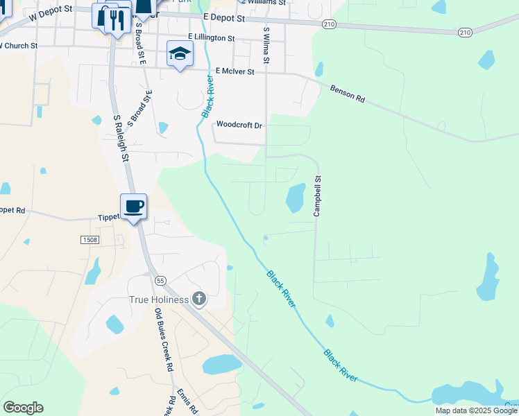 map of restaurants, bars, coffee shops, grocery stores, and more near 658 South Wilma Street in Angier