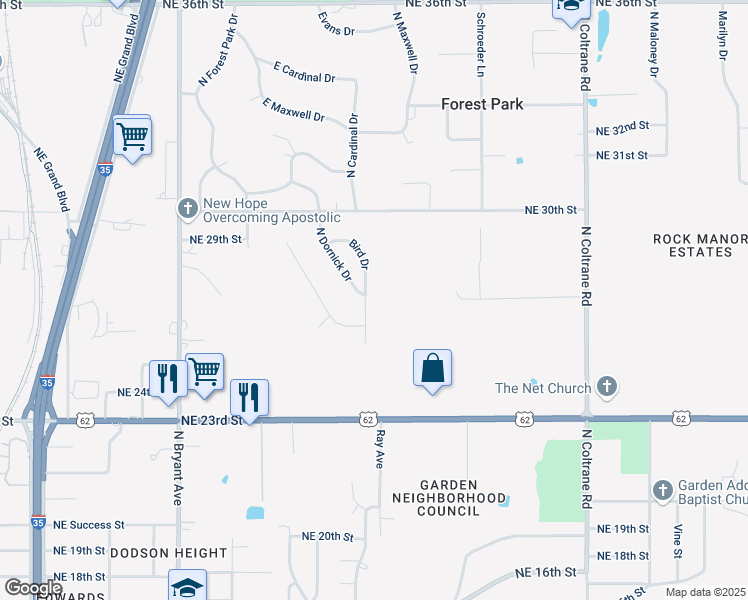 map of restaurants, bars, coffee shops, grocery stores, and more near 2700 Bird Drive in Forest Park