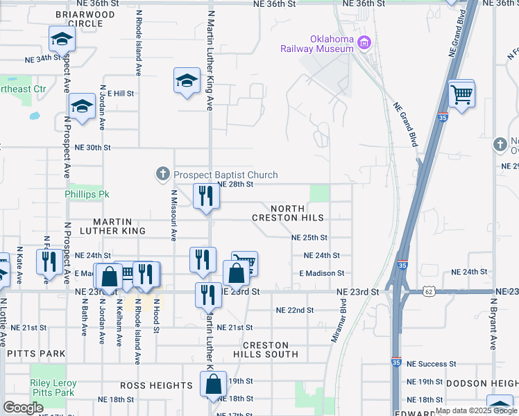 map of restaurants, bars, coffee shops, grocery stores, and more near 2120 Northeast 27th Street in Oklahoma City