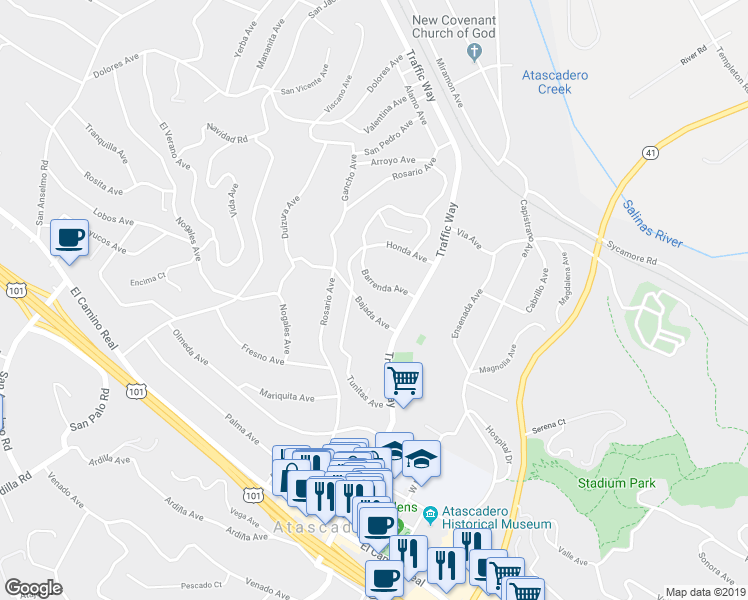 map of restaurants, bars, coffee shops, grocery stores, and more near 5382 Barrenda Avenue in Atascadero