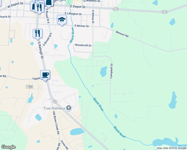 map of restaurants, bars, coffee shops, grocery stores, and more near 649 South Wilma Street in Angier