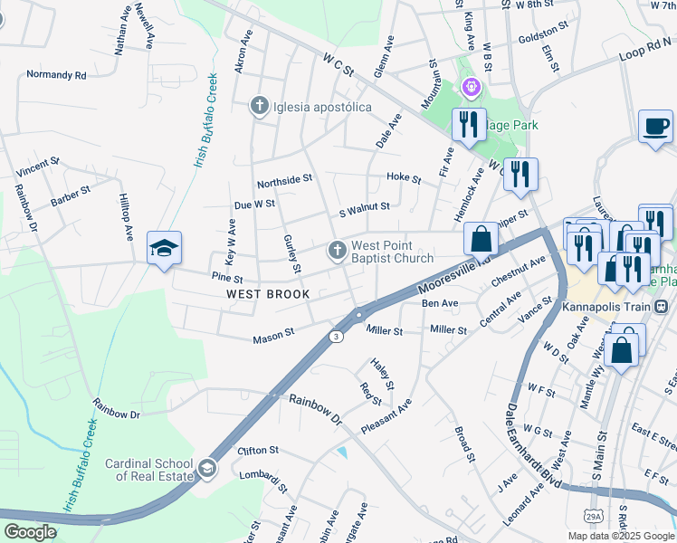 map of restaurants, bars, coffee shops, grocery stores, and more near 1103 Pine Street in Kannapolis