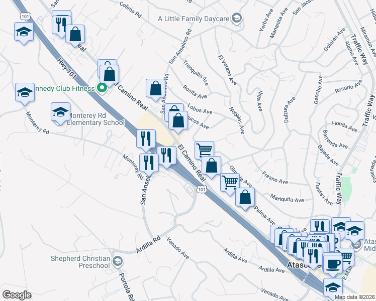 map of restaurants, bars, coffee shops, grocery stores, and more near 4555 El Camino Real in Atascadero