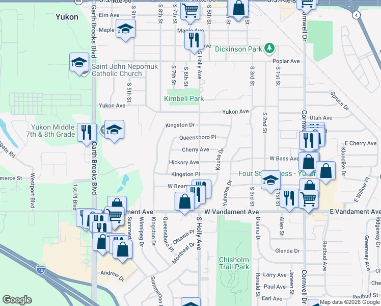 map of restaurants, bars, coffee shops, grocery stores, and more near 608 Cherry Avenue in Yukon