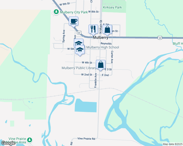 map of restaurants, bars, coffee shops, grocery stores, and more near 215 Franklin Avenue in Mulberry