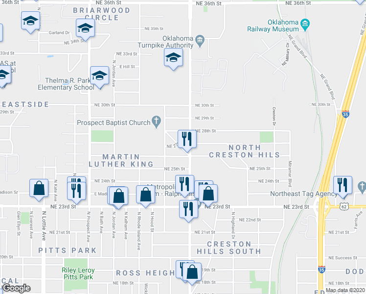 map of restaurants, bars, coffee shops, grocery stores, and more near 2718 North Lyons Drive in Oklahoma City
