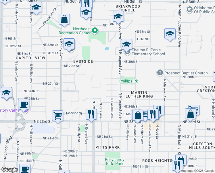 map of restaurants, bars, coffee shops, grocery stores, and more near 1400 Northeast 27th Street in Oklahoma City