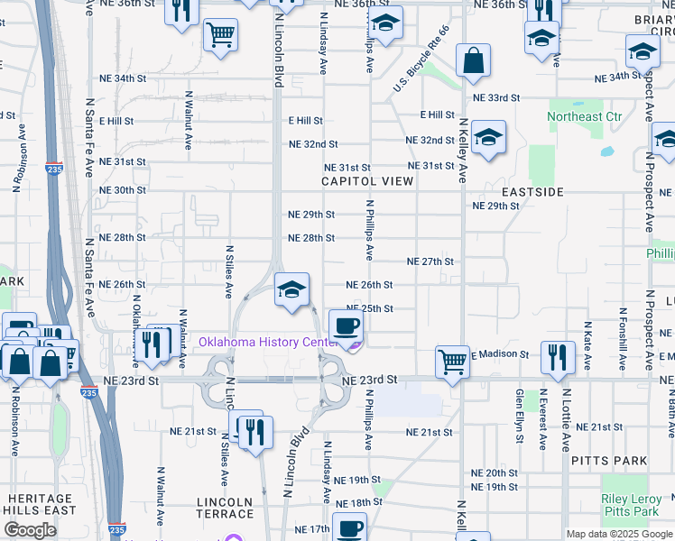 map of restaurants, bars, coffee shops, grocery stores, and more near 712 Northeast 27th Street in Oklahoma City