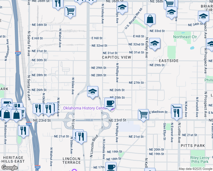 map of restaurants, bars, coffee shops, grocery stores, and more near 712 Northeast 27th Street in Oklahoma City