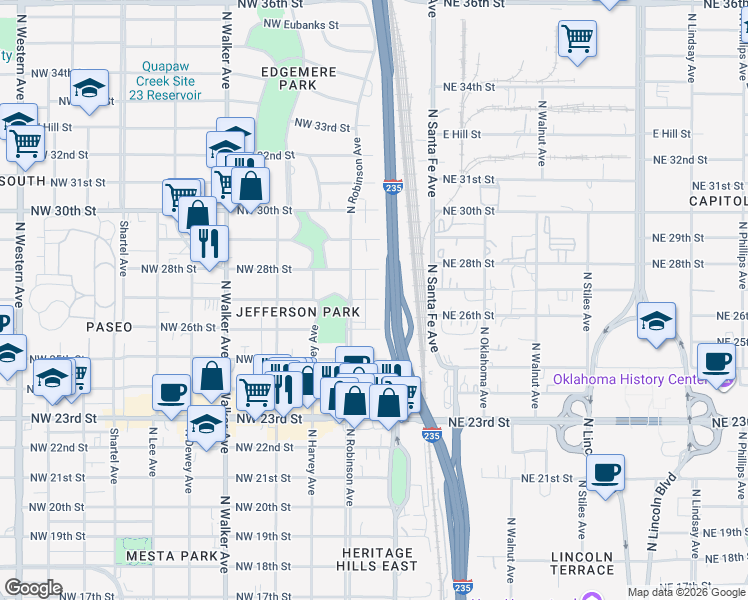 map of restaurants, bars, coffee shops, grocery stores, and more near 125 Northwest 27th Street in Oklahoma City