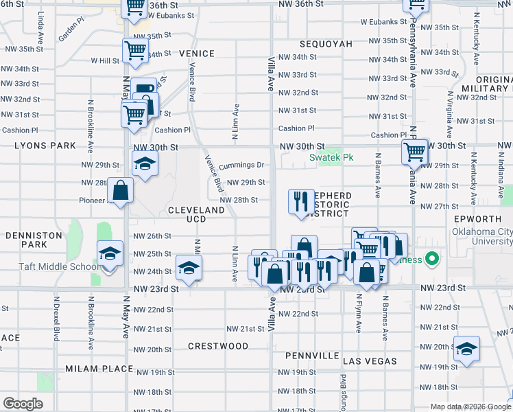 map of restaurants, bars, coffee shops, grocery stores, and more near 2504 Northwest 28th Street in Oklahoma City