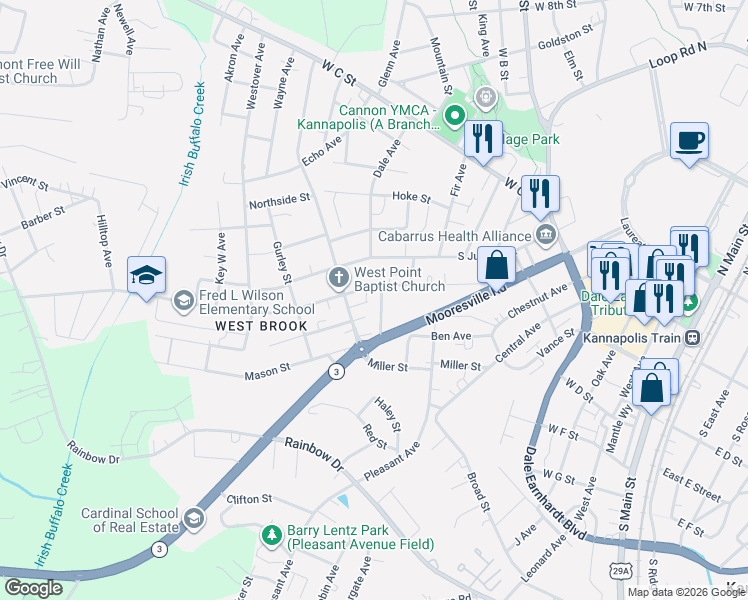map of restaurants, bars, coffee shops, grocery stores, and more near 404 Cypress Avenue in Kannapolis