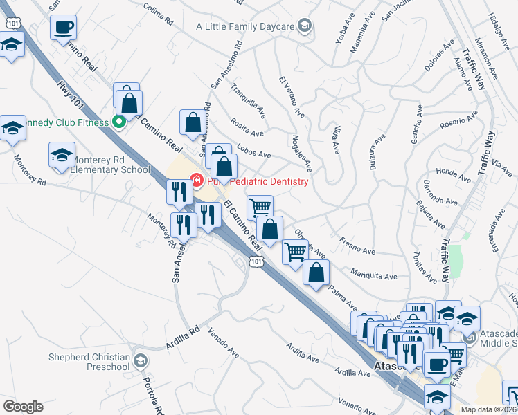 map of restaurants, bars, coffee shops, grocery stores, and more near 5695 Hermosilla Avenue in Atascadero