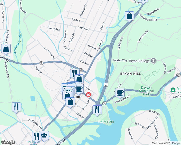 map of restaurants, bars, coffee shops, grocery stores, and more near 1724 Market St in Dayton