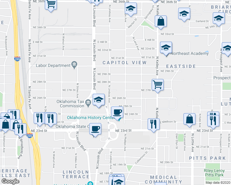 map of restaurants, bars, coffee shops, grocery stores, and more near 712 Northeast 27th Street in Oklahoma City