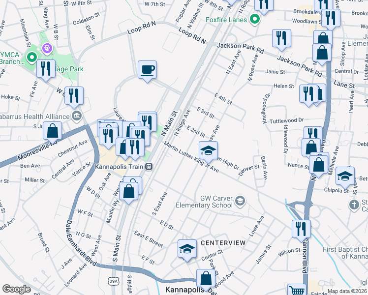 map of restaurants, bars, coffee shops, grocery stores, and more near 103 North East Avenue in Kannapolis