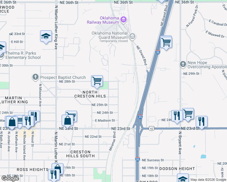 map of restaurants, bars, coffee shops, grocery stores, and more near 2412 Northeast 27th Street in Oklahoma City