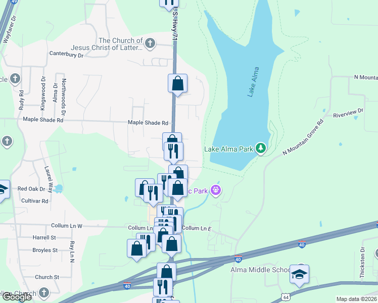 map of restaurants, bars, coffee shops, grocery stores, and more near 1112 North Highway 71 in Alma