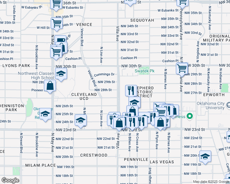 map of restaurants, bars, coffee shops, grocery stores, and more near 2504 Northwest 28th Street in Oklahoma City