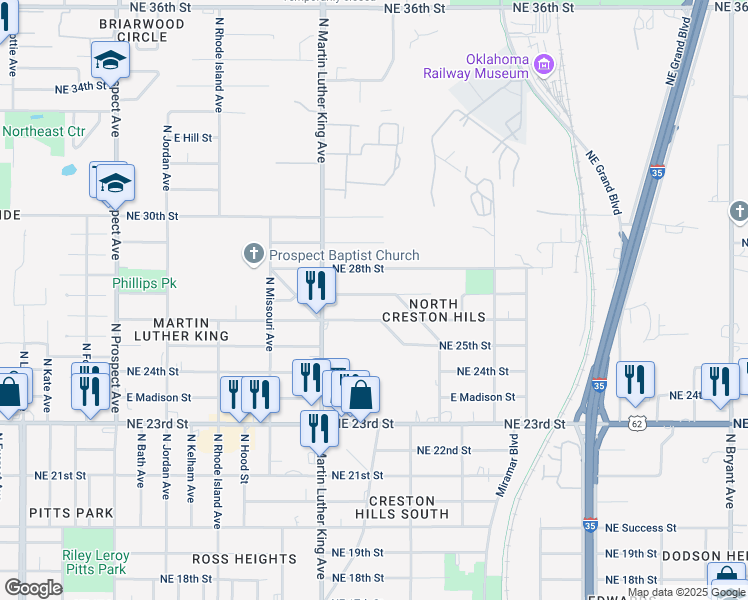 map of restaurants, bars, coffee shops, grocery stores, and more near 2044 Northeast 27th Street in Oklahoma City