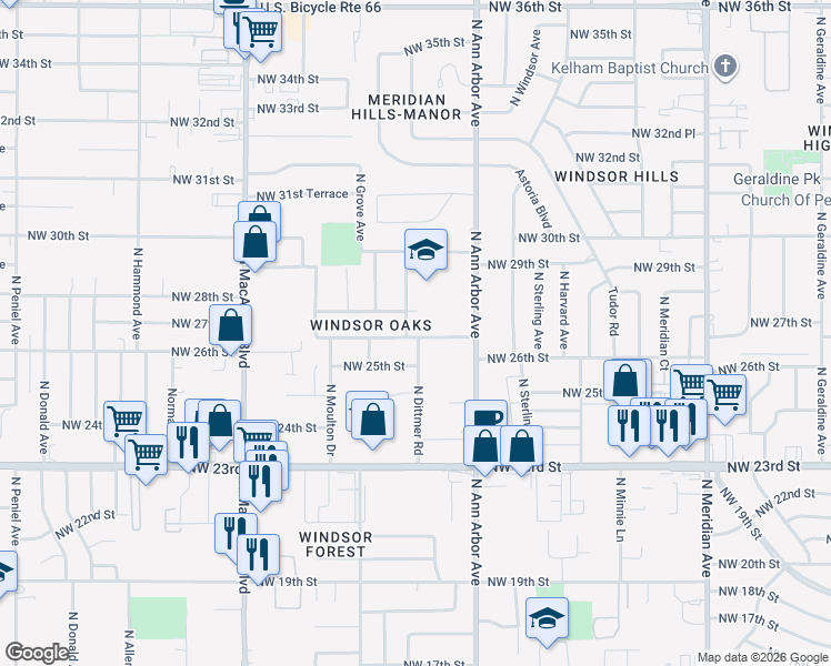 map of restaurants, bars, coffee shops, grocery stores, and more near 4941 Northwest 26th Street in Oklahoma City