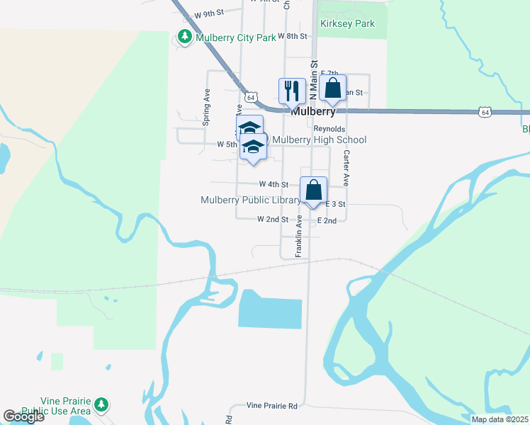map of restaurants, bars, coffee shops, grocery stores, and more near 124 West 2nd Street in Mulberry