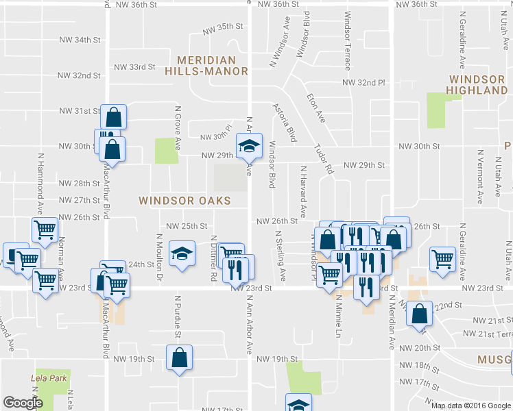 map of restaurants, bars, coffee shops, grocery stores, and more near 2720 N Ann Arbor Ave in Oklahoma City