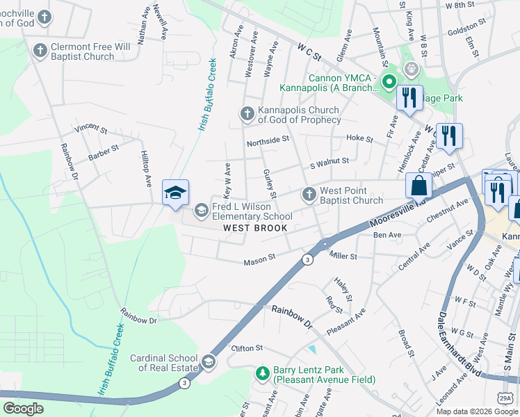 map of restaurants, bars, coffee shops, grocery stores, and more near 1209 South Juniper Street in Kannapolis