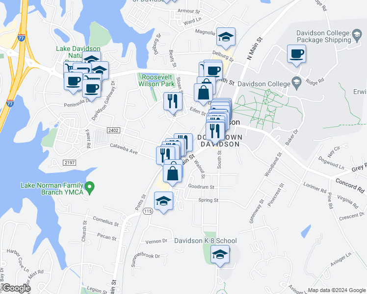 map of restaurants, bars, coffee shops, grocery stores, and more near 252 South Main Street in Davidson