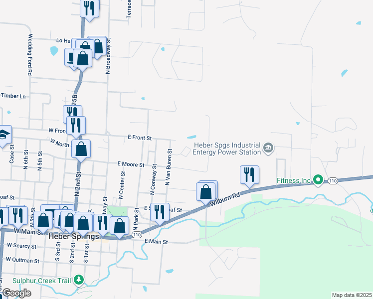 map of restaurants, bars, coffee shops, grocery stores, and more near 723 North Van Buren Street in Heber Springs
